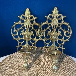 Set of Two Metal Candle Holders Brass Vintage Hollywood Regency Florentine